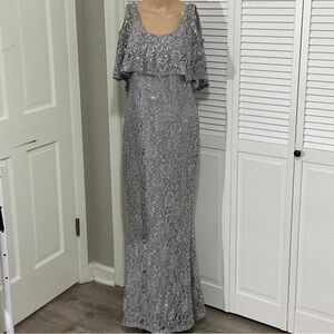 MARINA Silver Lace Maxi Dress with Sequin Overlay